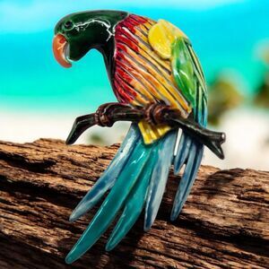Vintage Parrot On a Perch Brooch Lapel Pin Colorful Enamel Silver Tone Coastal